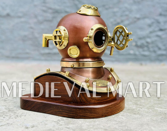 MEDIEVALMART 6"INCH Brown Diving Helmet With Wooden Base