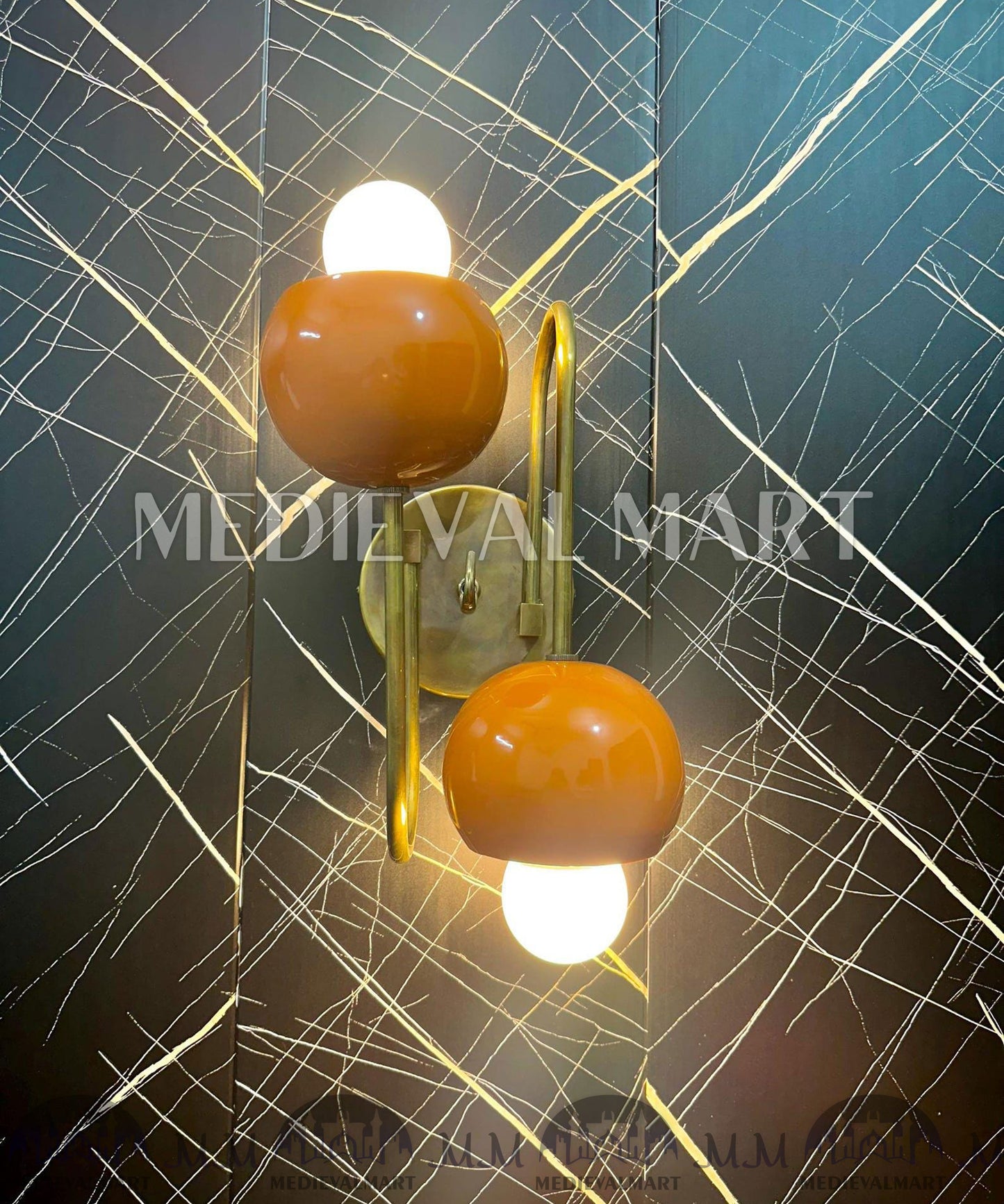 MEDIEVALMART Handmade Brass Wall Lamp: Modern Industrial 2-Ball Sconce