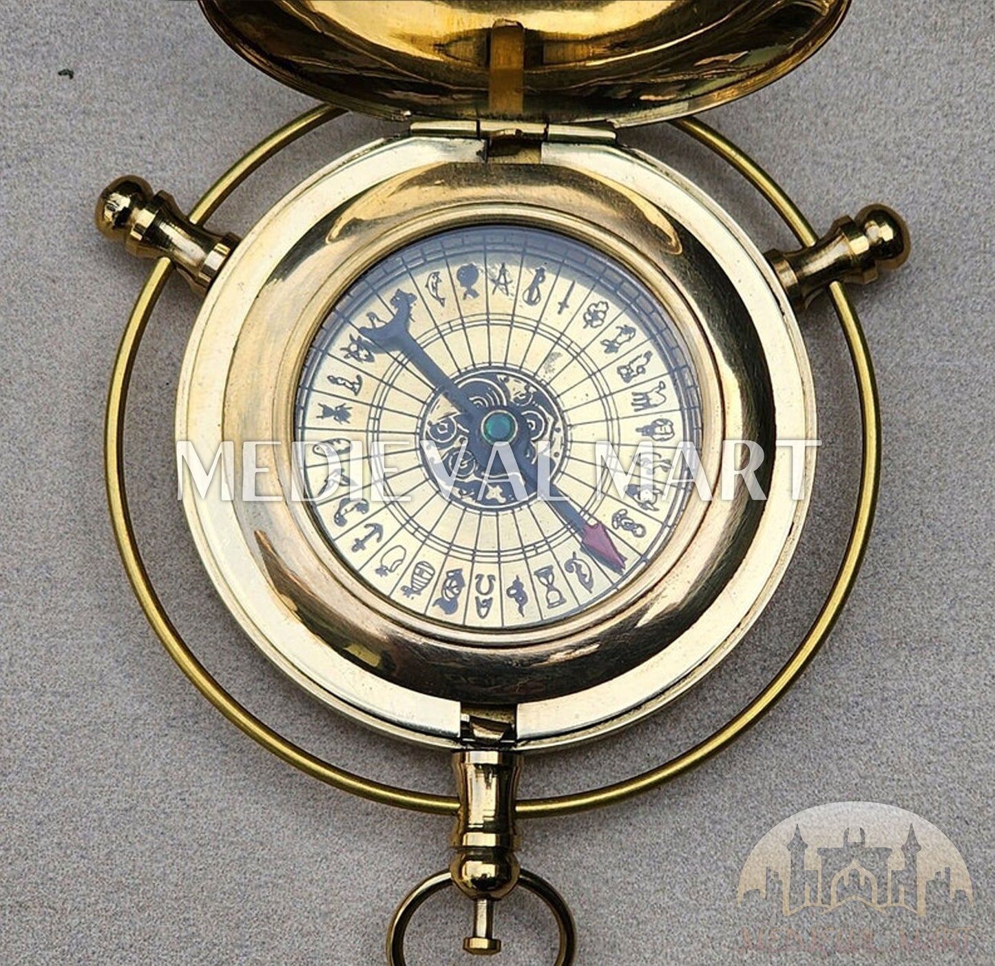 MEDIEVALMART Alethiometer Inspired Engraved Brass Pocket Compass Gold Finish W/H Leather Case | Gift For Mom, Dad