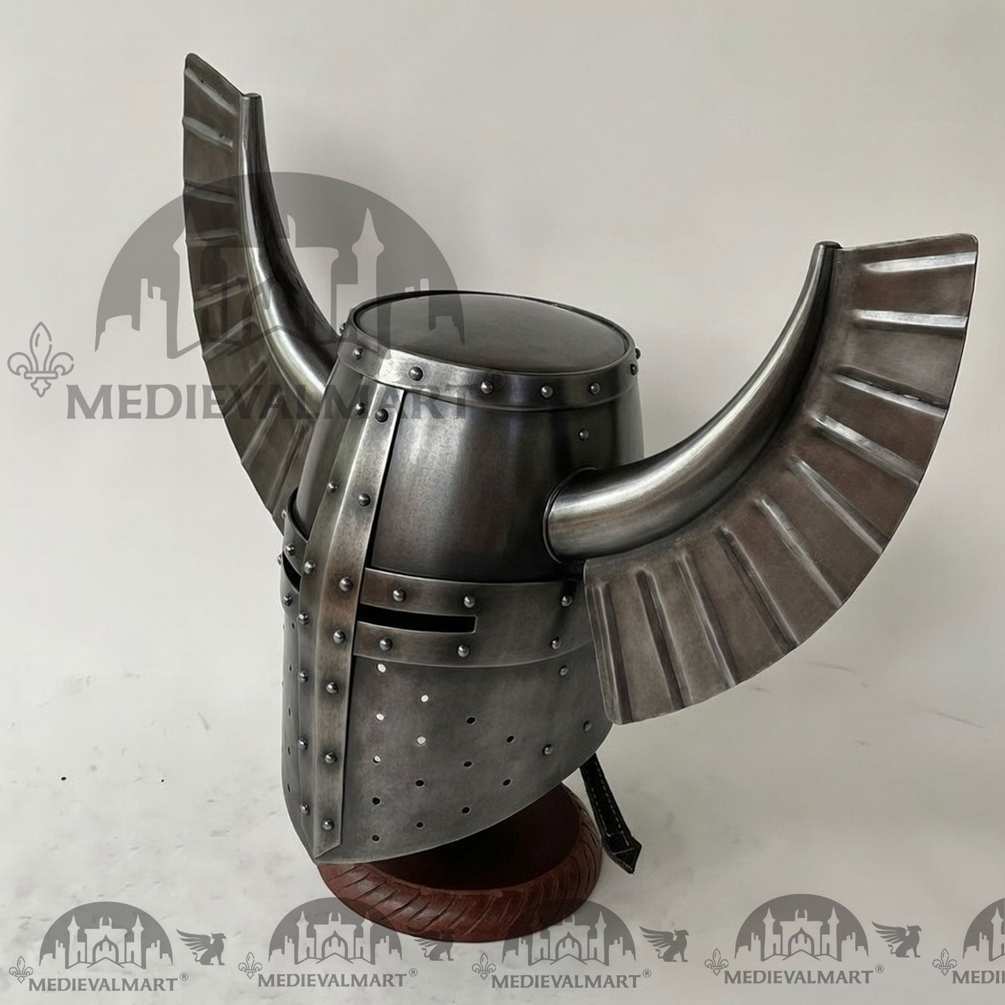 MEDIEVALMART Medieval Templar Warrior Teutonic Antique Silver Finish Wing Helmet with Free Stand