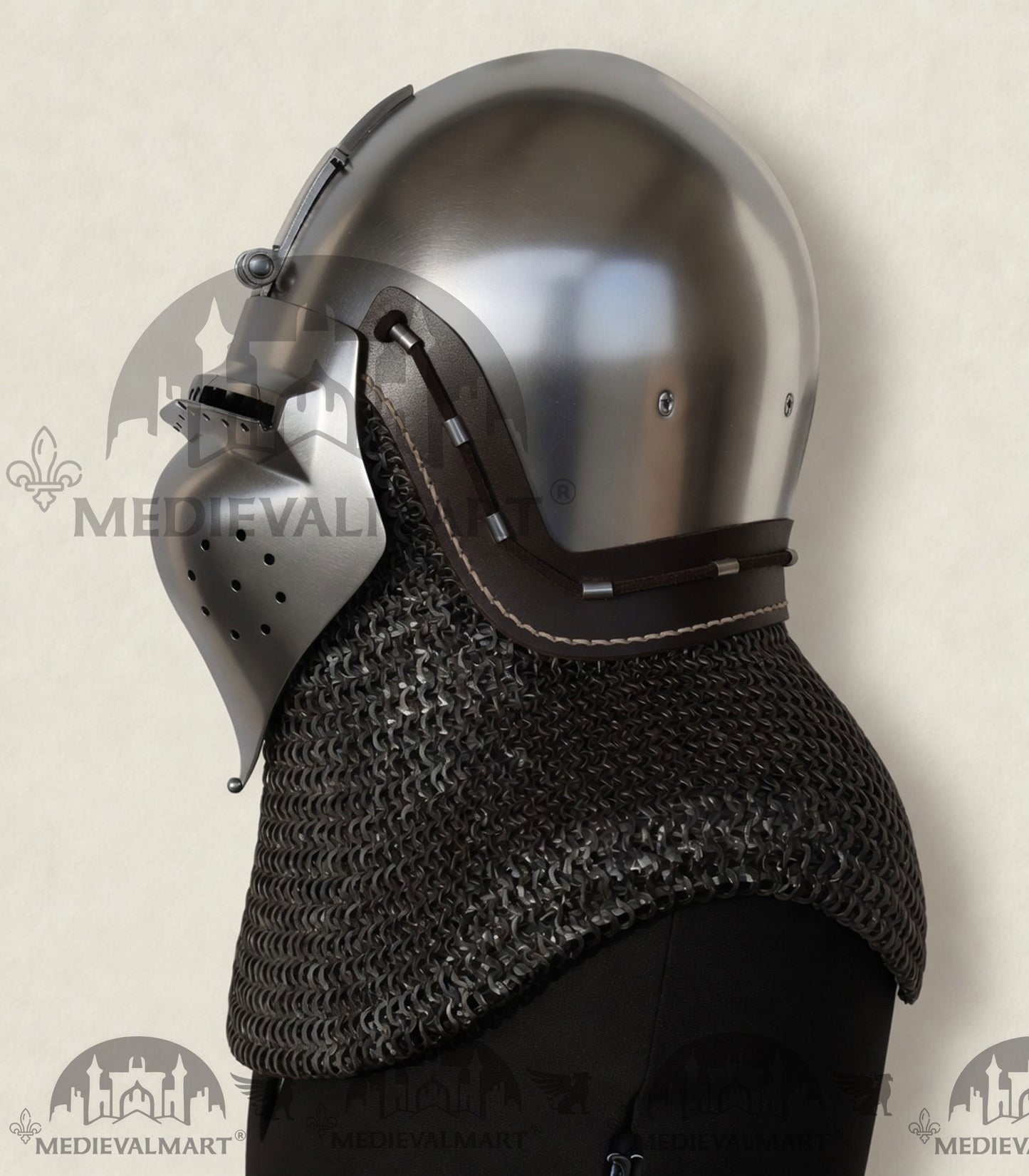 MEDIEVALMART XIV Century Medieval "The Wayward Knight" klappvisor Bascinet Helmet with Chainmail