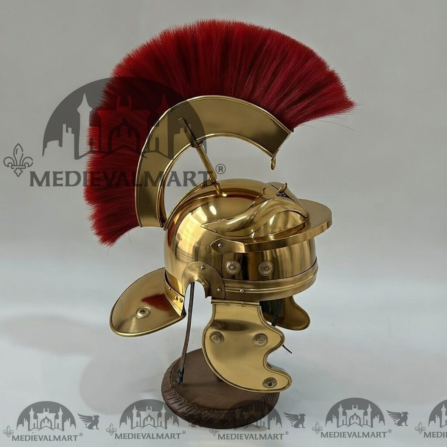 MEDIEVALMART Gallic Roman Centurion Gold Finish Helmet Replica Red Plume with Free Stand
