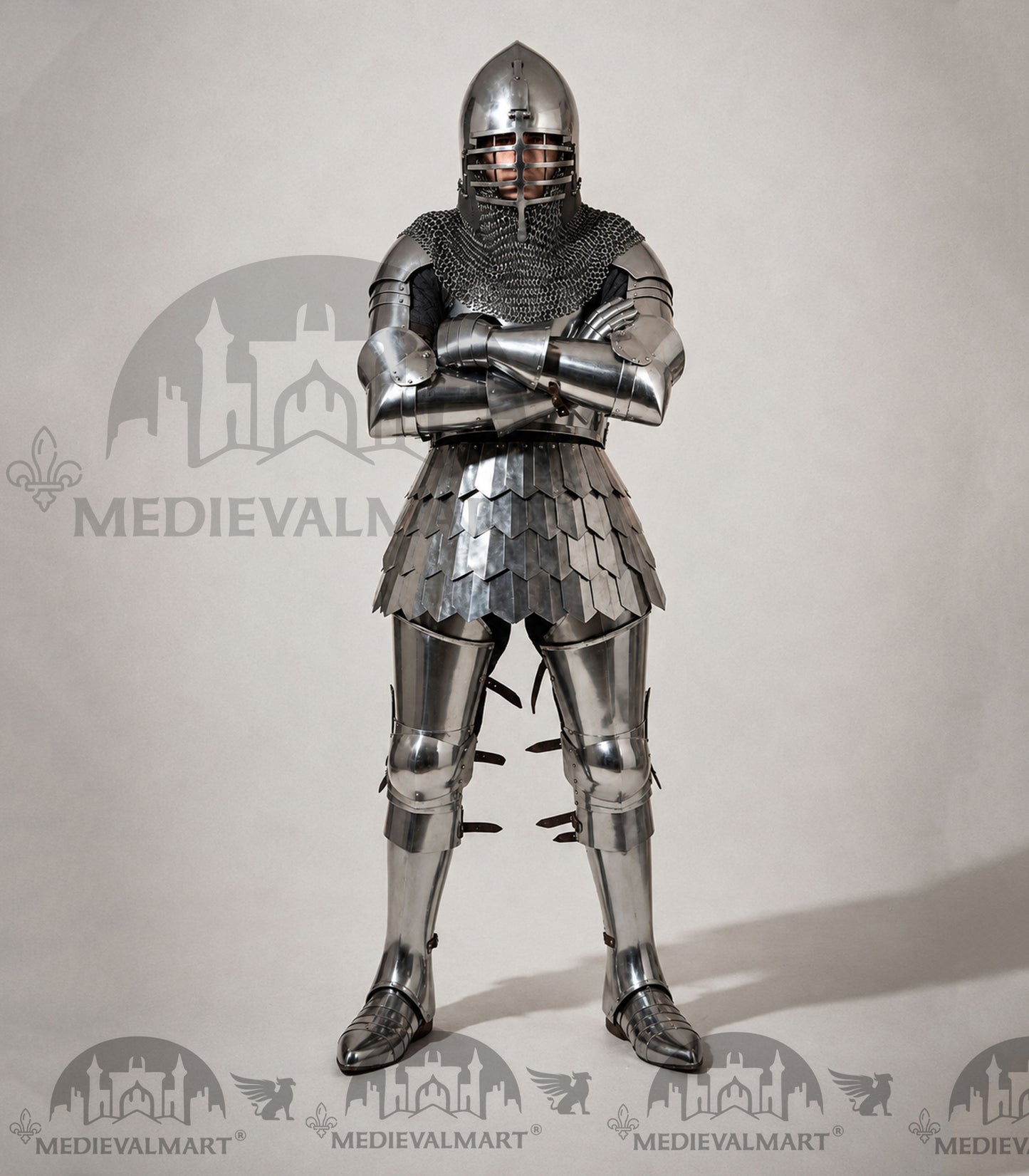 MEDIEVALMART 14th Century Knight Crusader-Era Transitional Plate Hybrid Armor W/H Wolf Ribs Bacinet & Pole Arms Hammer