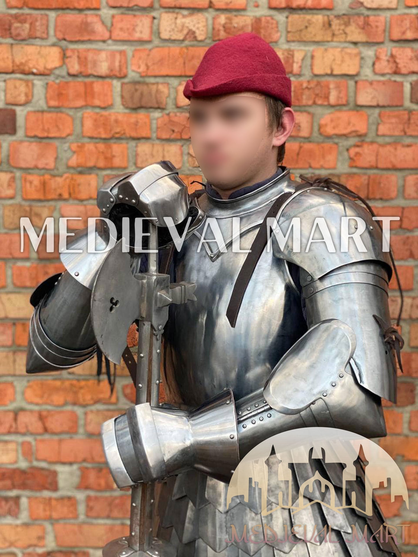 MEDIEVALMART 14th Century Knight Crusader-Era Transitional Plate Hybrid Armor W/H Wolf Ribs Bacinet & Pole Arms Hammer