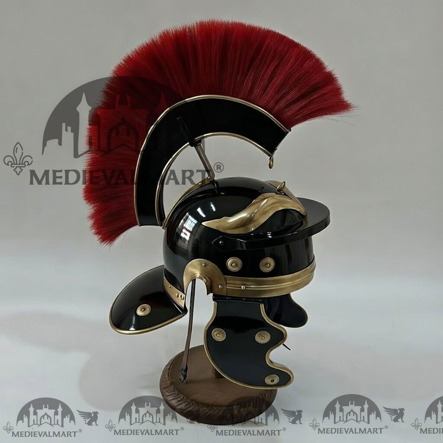 MEDIEVALMART Gallic Roman Centurion Black Finish Helmet Replica Red Plume with Free Stand