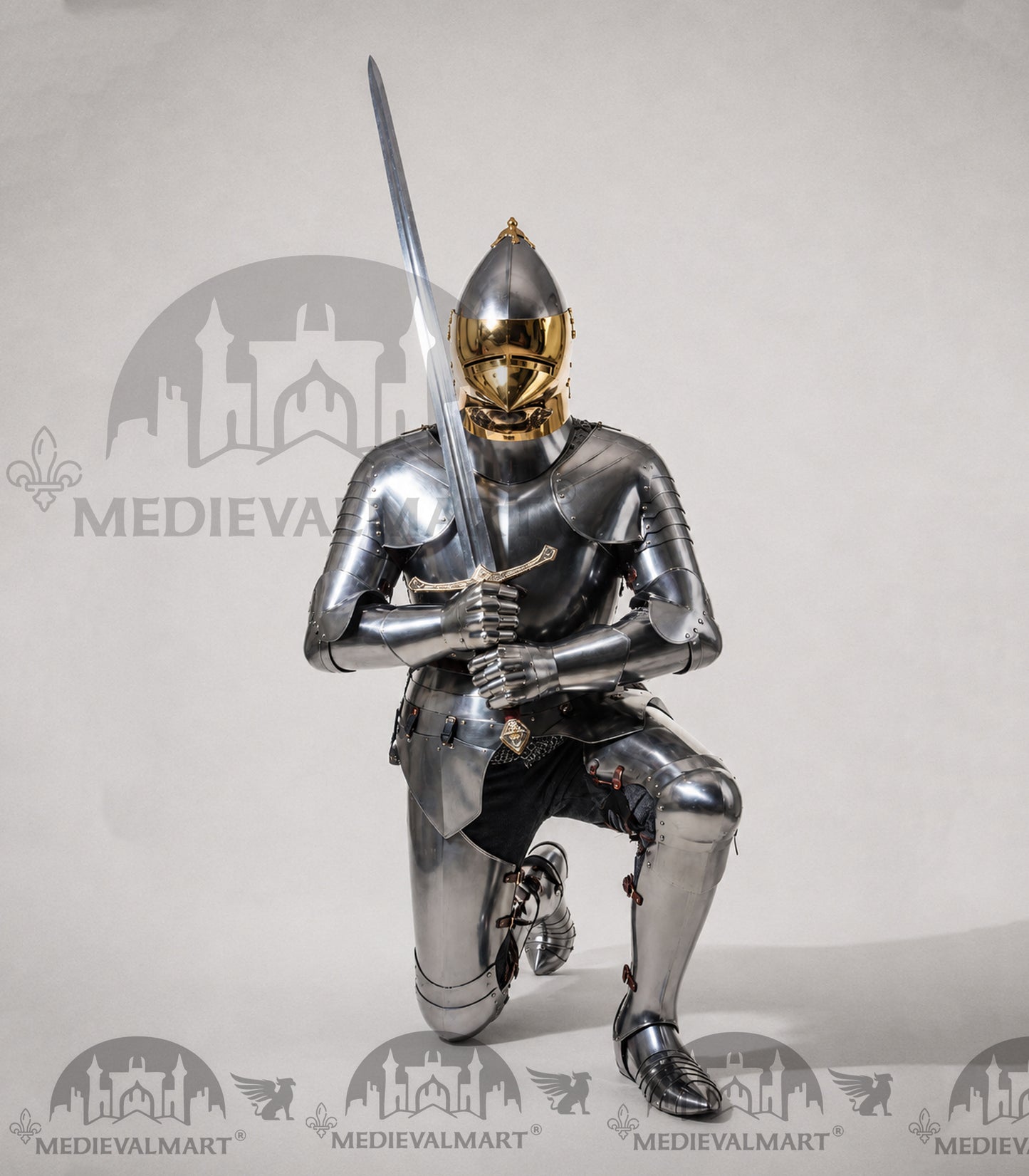 MEDIEVALMART 15th-Century English knight Warrior Gothic Plate Armor Costume W/H Gold Face Hounskull Helmet