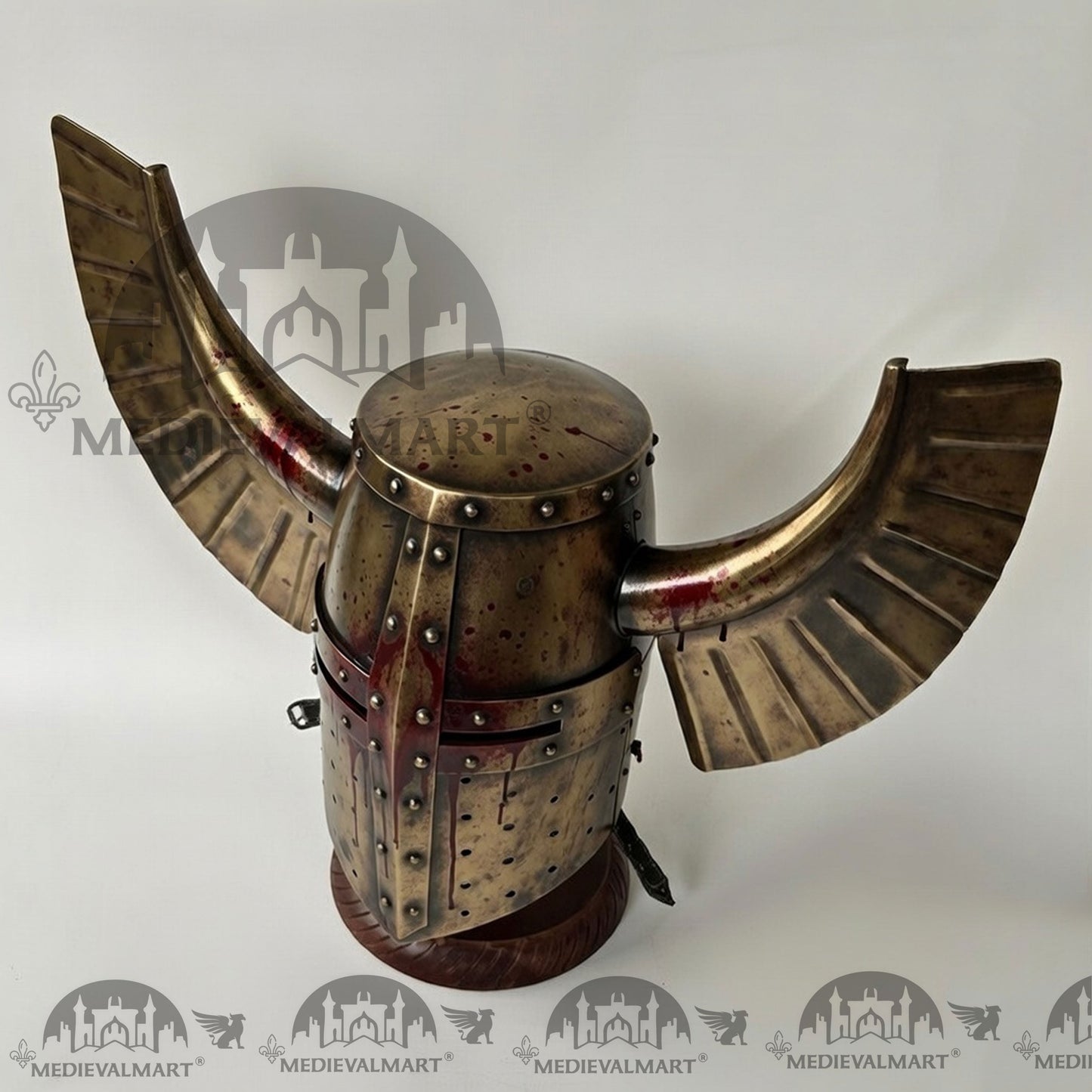 MEDIEVALMART Medieval Templar Warrior Teutonic Damage Gold W/H Blood Finish Finish Wing Helmet with Free Stand