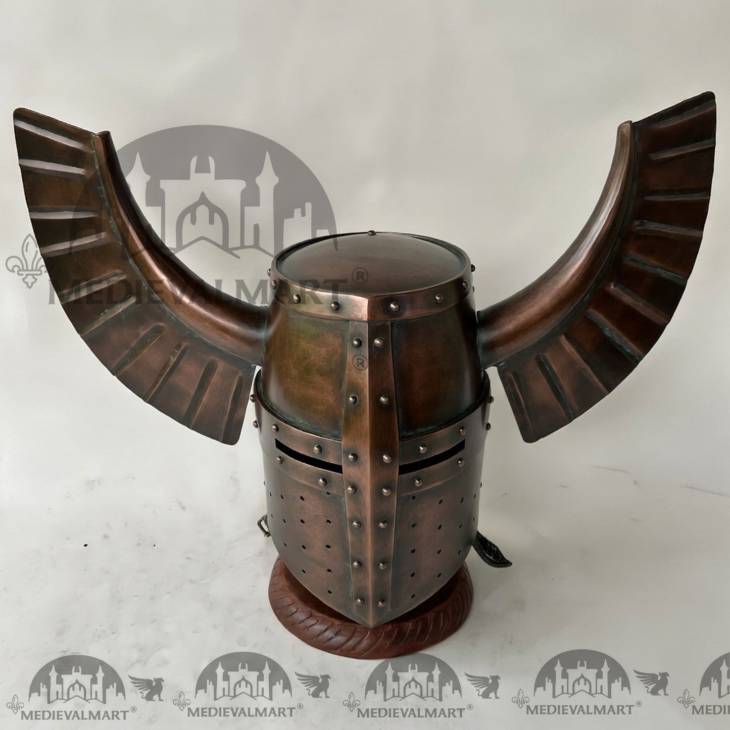 MEDIEVALMART Medieval Templar Warrior Teutonic Antique Copper Finish Wing Helmet with Free Stand