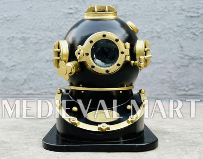 MEDIEVALMART Black Finish Diving Helmet With Wooden Base