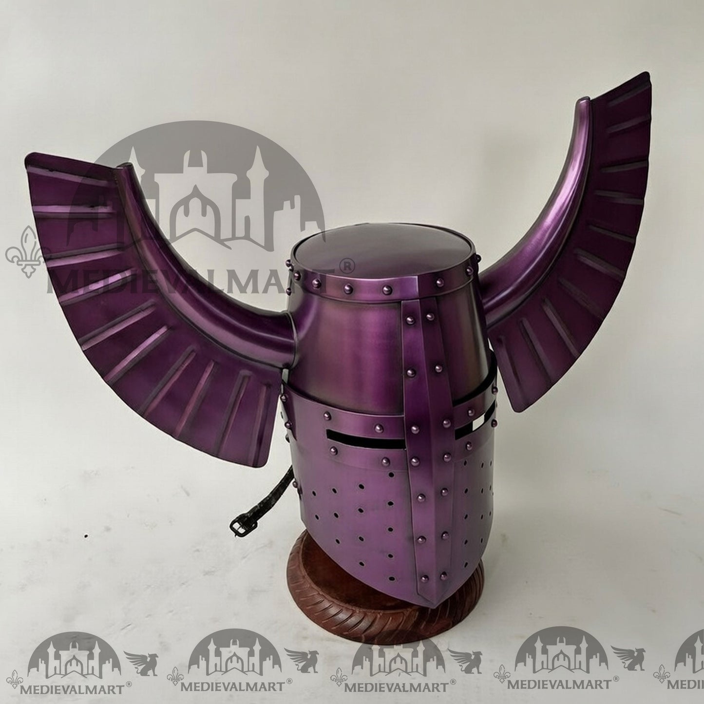 MEDIEVALMART Medieval Templar Warrior Teutonic Purple Finish Wing Helmet with Free Stand