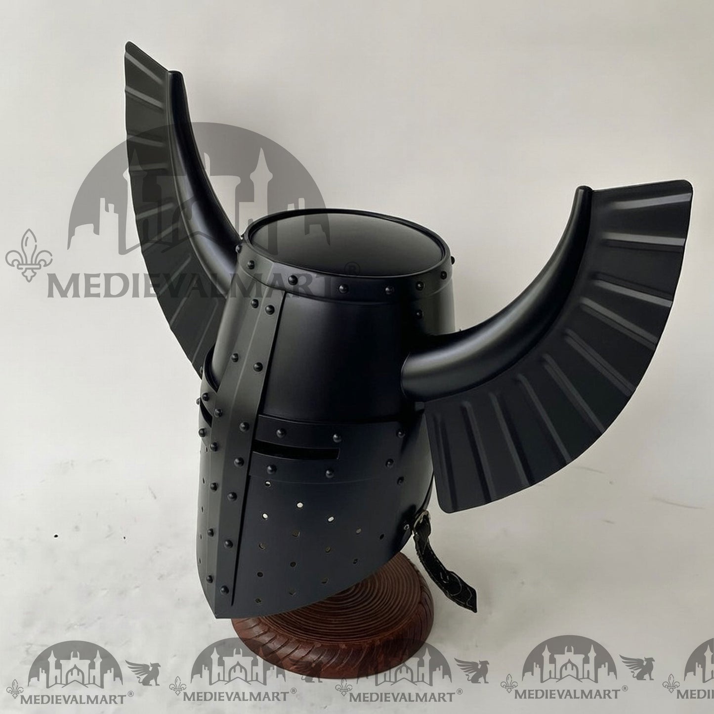 MEDIEVALMART Medieval Templar Warrior Teutonic Wing Helmet Black Finish with Free Stand