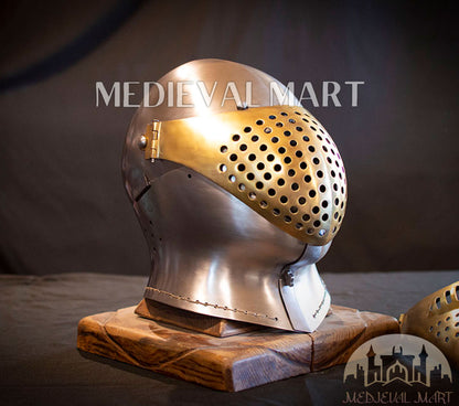 MEDIEVALMART British Ancient Battle Ready Warrior Bicoque Kasten-brust Helmet with Brass Face Mask