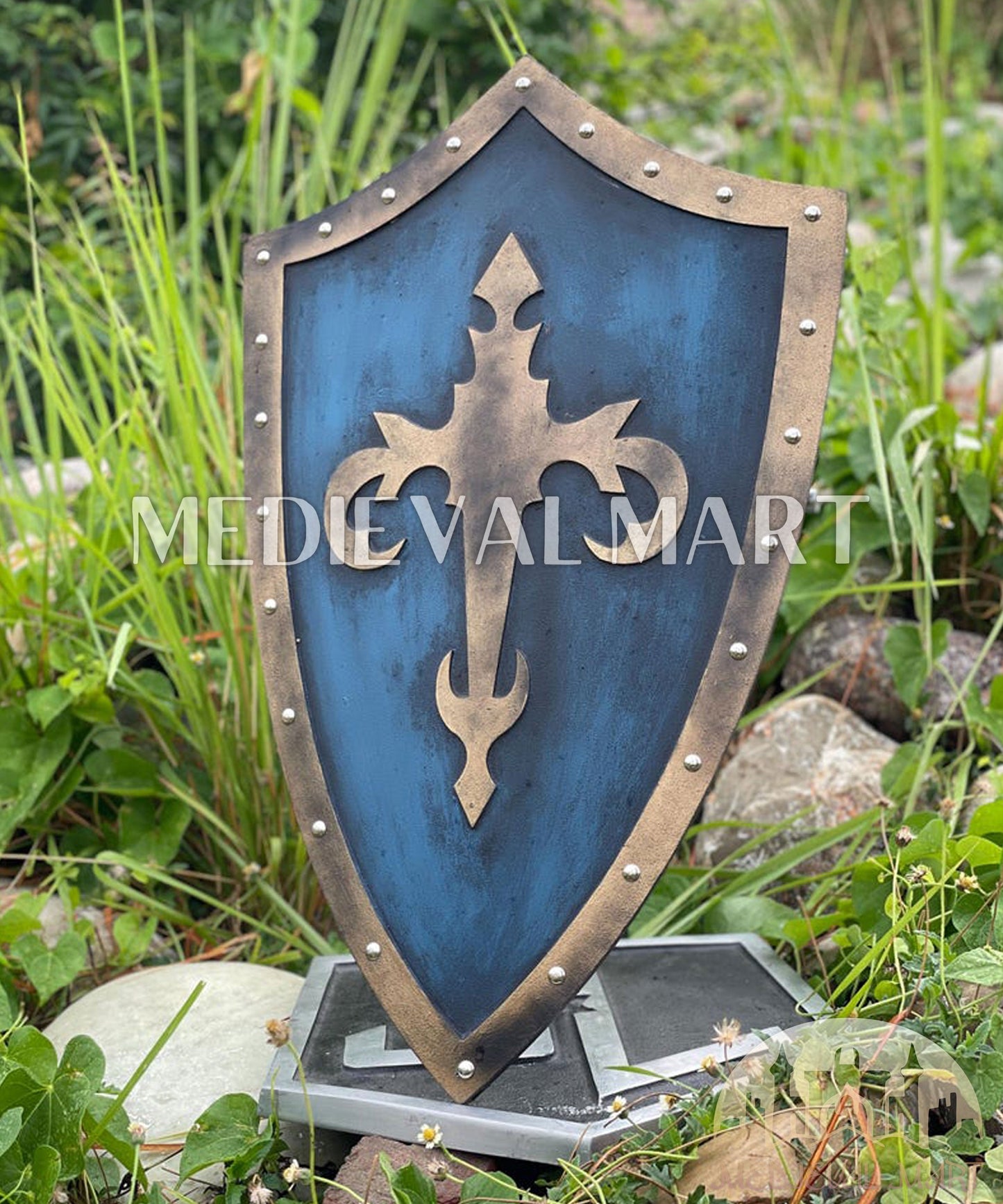 MEDIEVALMART Medieval Templar Devil Zelda Cross Inspired Wooden Shield Bliue & Gold Finish | Gift for Christmas Day