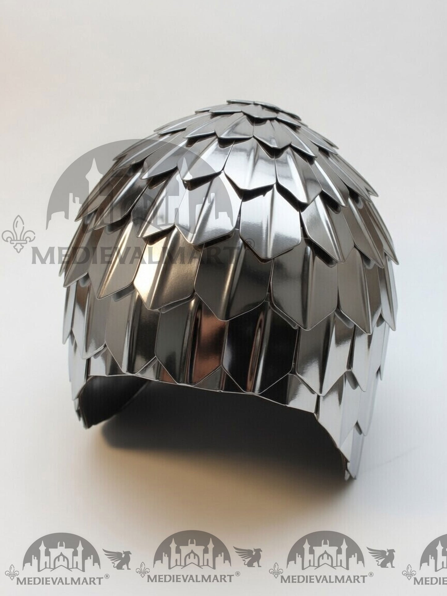 MEDIEVALMART Medieval Historical Scaled Skull Cap Helmet, Shiny Silver Polished Helmet / Best for Reenactment