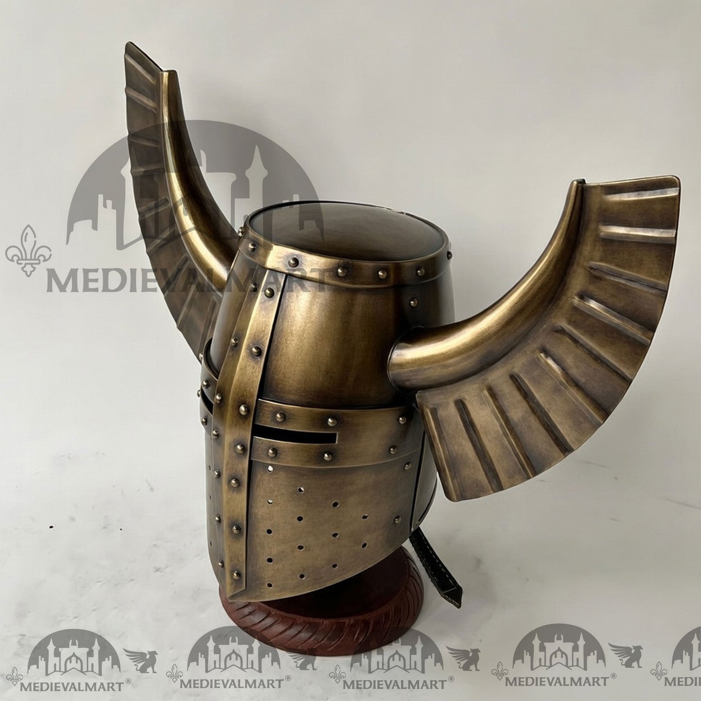 MEDIEVALMART Medieval Templar Warrior Teutonic Antique Gold Finish Wing Helmet with Free Stand