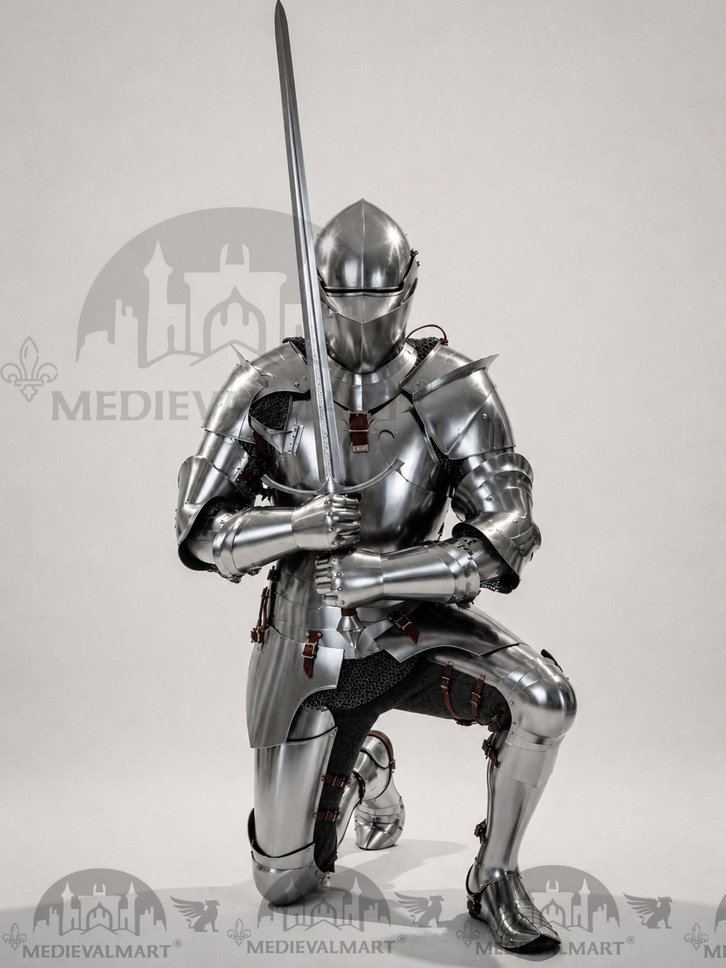 MEDIEVALMART 14th-Cen European English Hardend Steel Plate Armor Buff Polish W/H Houndskull Closed Bascinet