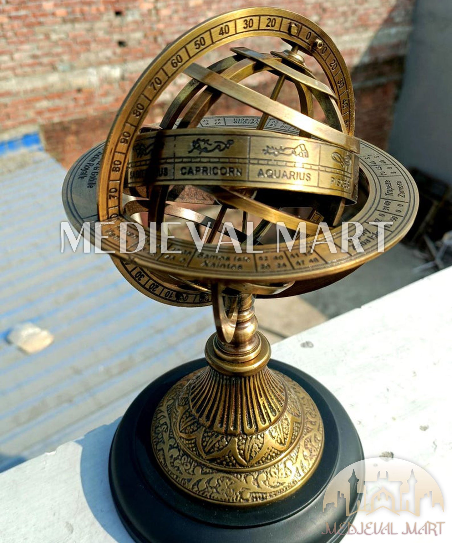 MEDIEVALMART Handmade Brass Armillary Globe Engraved Zodiac Astrolabe on Wooden Base Gift For Christmas Day