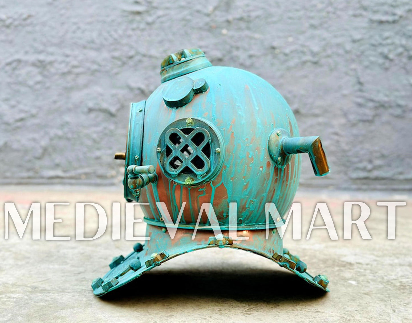 MEDIEVALMART Rusty Green Diving Helmet With Wooden Base