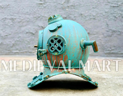MEDIEVALMART Rusty Green Diving Helmet With Wooden Base