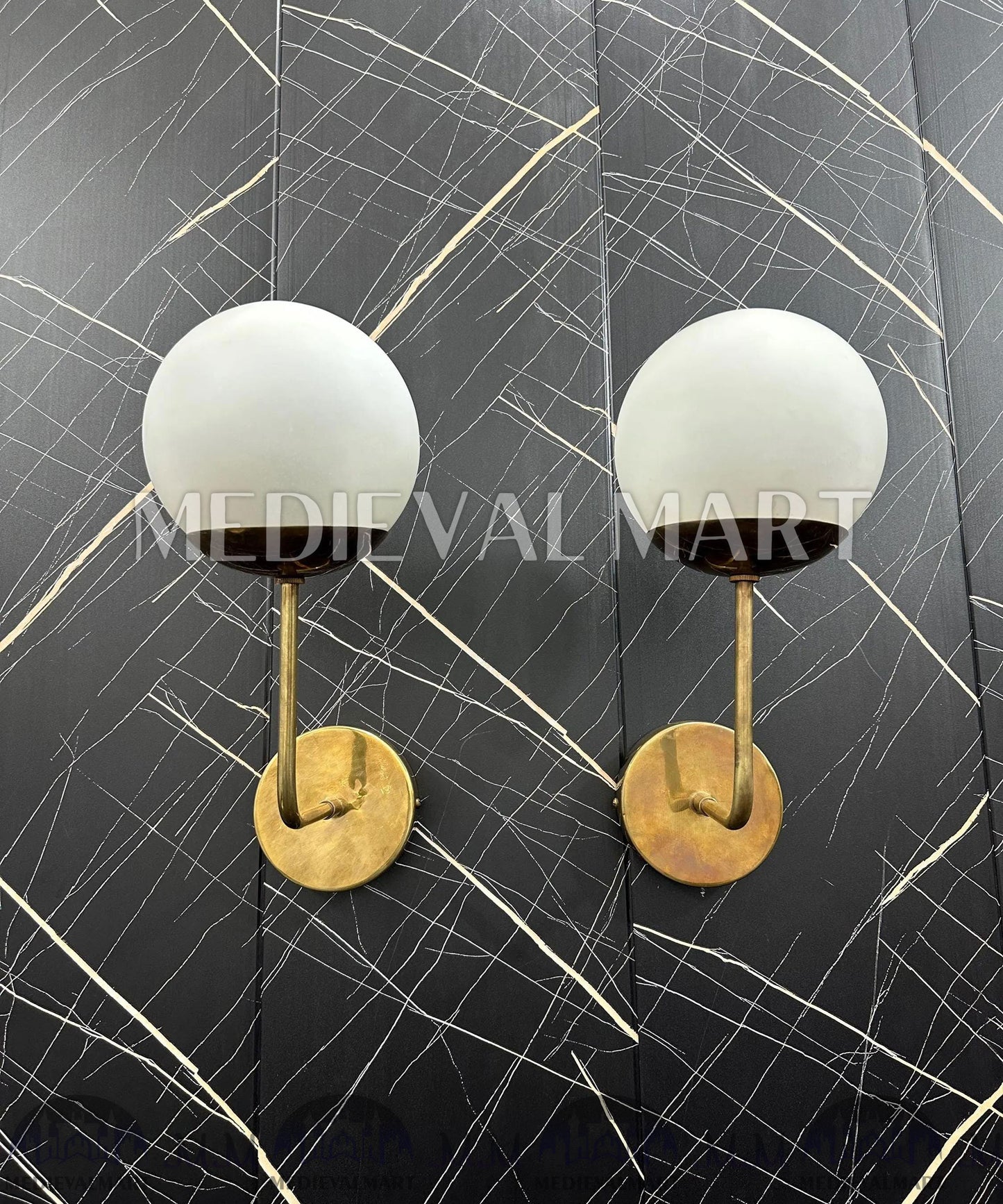 MEDIEVALMART Modern Brass Wall Sconce: Nordic Milky Globe Bathroom Light
