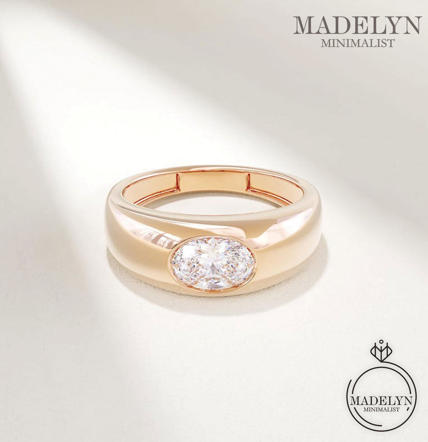 MADELYN MINIMALIST 14k Solid Gold Bezel Diamond Dome Engagement Ring Chunky Thick Band | Gift for Mom