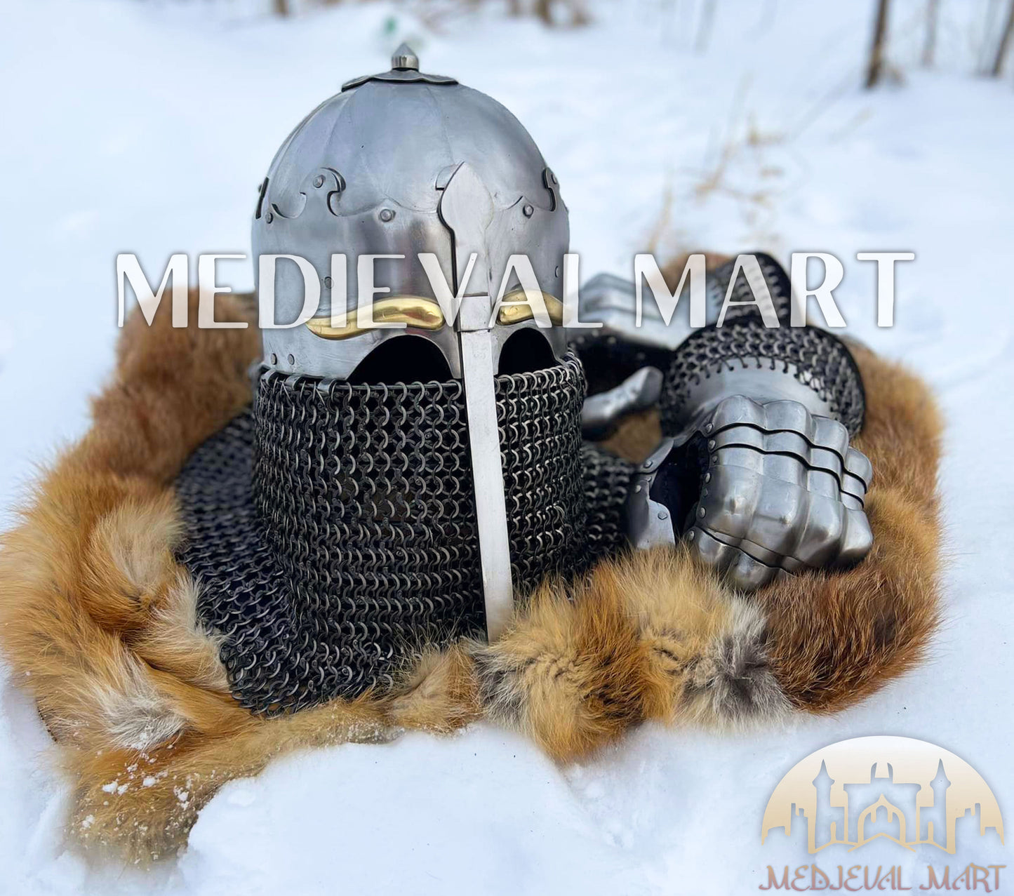 MEDIEVALMART 13th-Century Medieval Nasal Bascinet Chain Mail Helmet