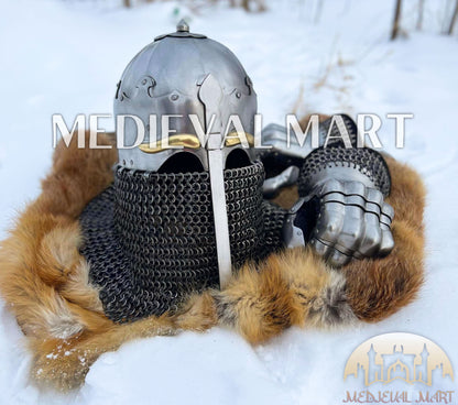 MEDIEVALMART 13th-Century Medieval Nasal Bascinet Chain Mail Helmet