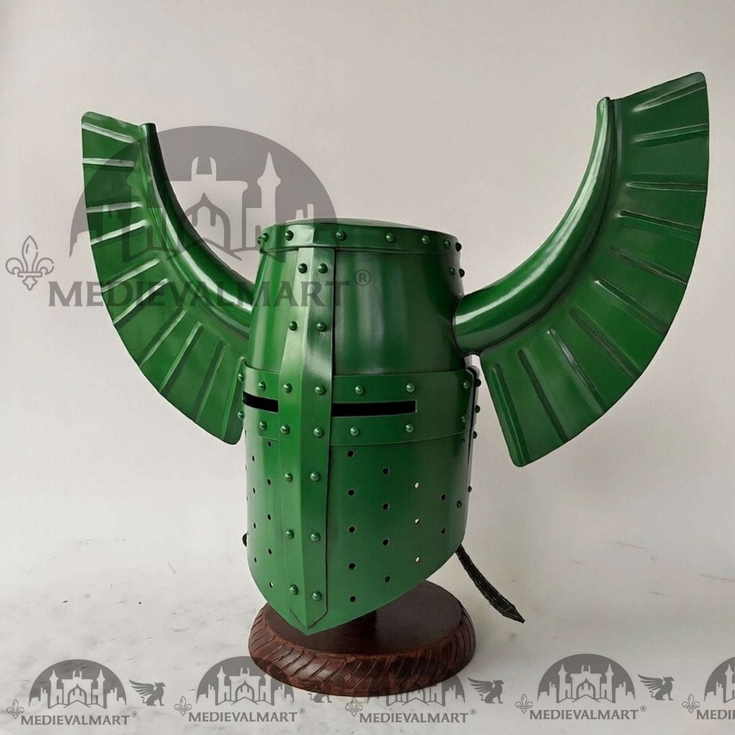 MEDIEVALMART Medieval Templar Warrior Teutonic Green Finish Wing Helmet with Free Stand