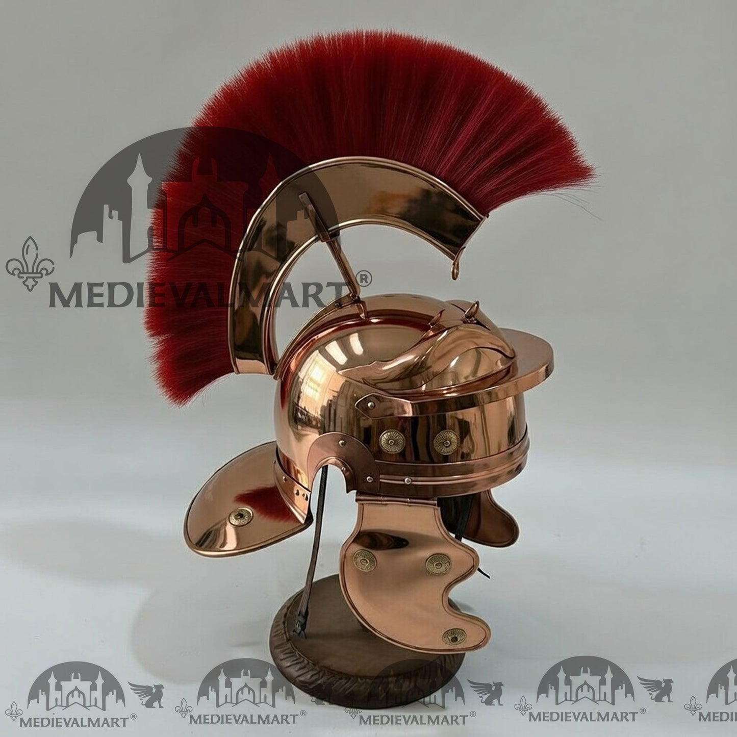 MEDIEVALMART Gallic Roman Centurion Copper Finish Helmet Replica Red Plume with Free Stand
