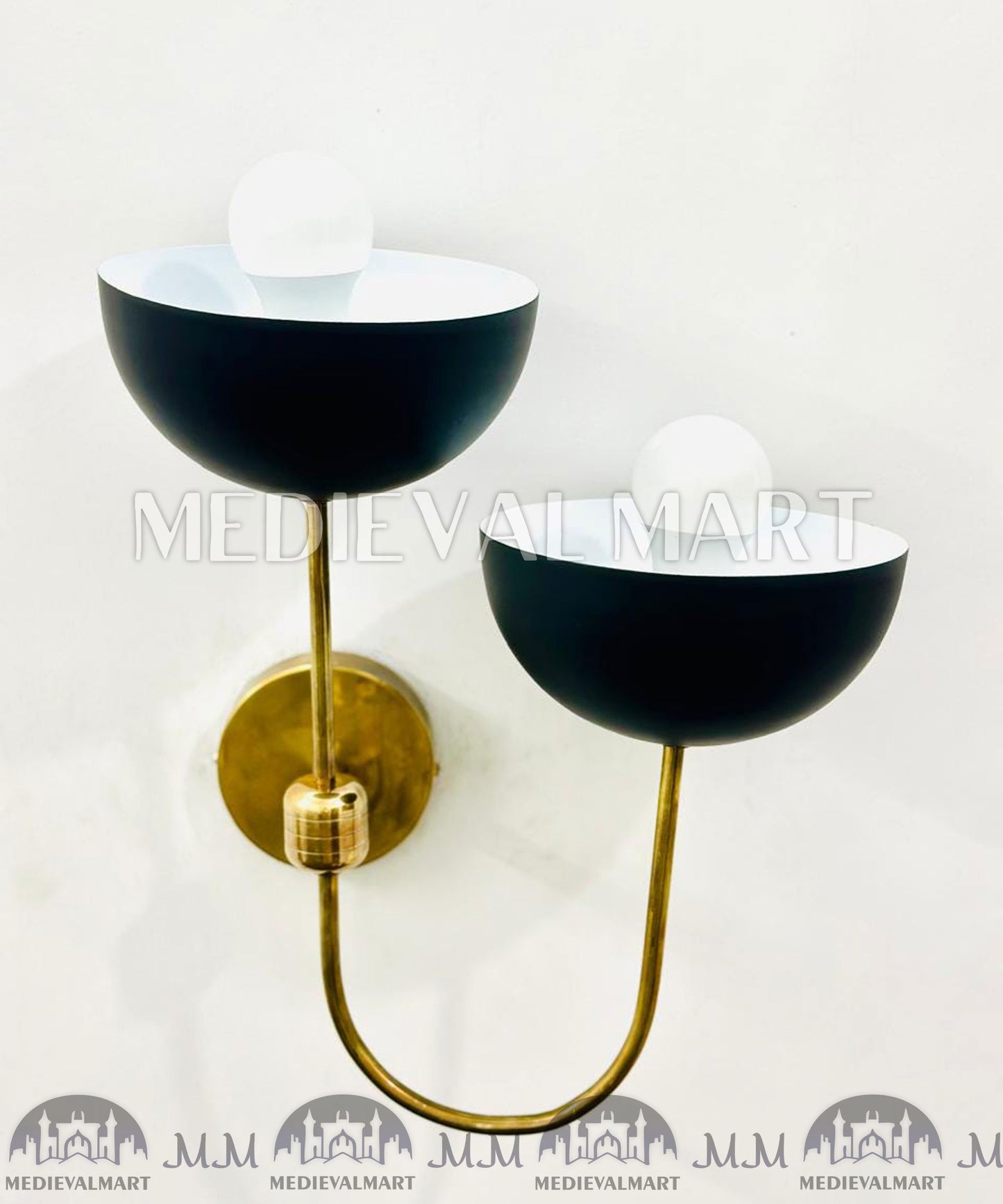 MEDIEVALMART Handmade Brass Mid Century Wall Sconce - Matte Black Bowl Sconce
