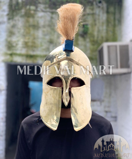 MEDIEVALMART "7th Cen BCE" Greek Corinthian Shiny Brass Finish Full Size Royal Helmet W/H Plume or Free Stand | Greek Props