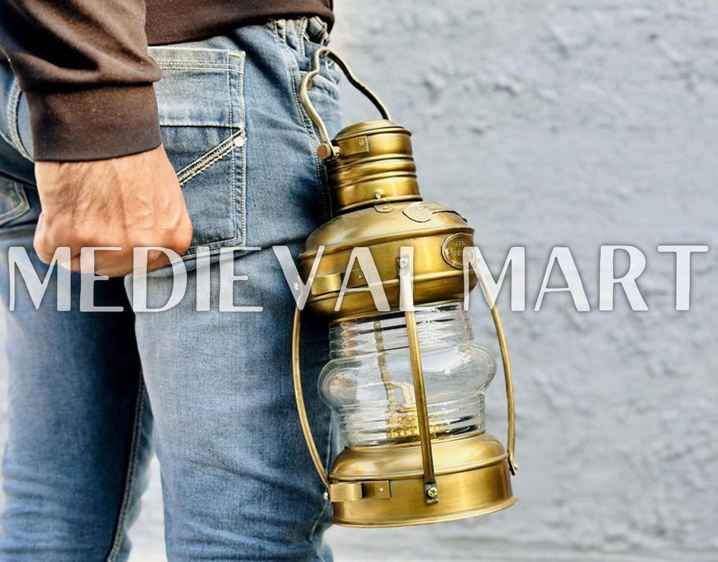 MEDIEVALMART Nautical Vintage Antique Brass Clear Glass Ship Oil Lamp - Personal Engraving Marine Lantern