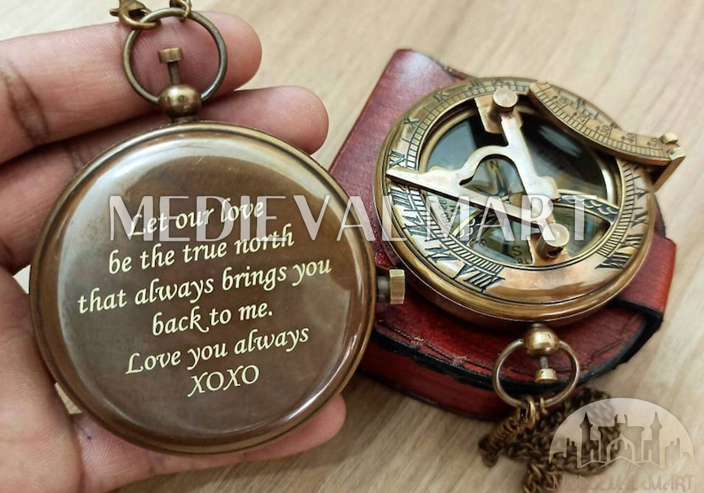 MEDIEVALMART Nautical Pirates Personalized Sun Clock Pocket Compass Gold Finish W/H Gen-1 Wooden Case | Gift For Him
