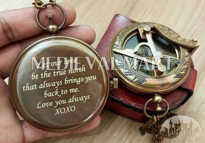 MEDIEVALMART Nautical Pirates Personalized Sun Clock Pocket Compass Gold Finish W/H Gen-1 Wooden Case | Gift For Him