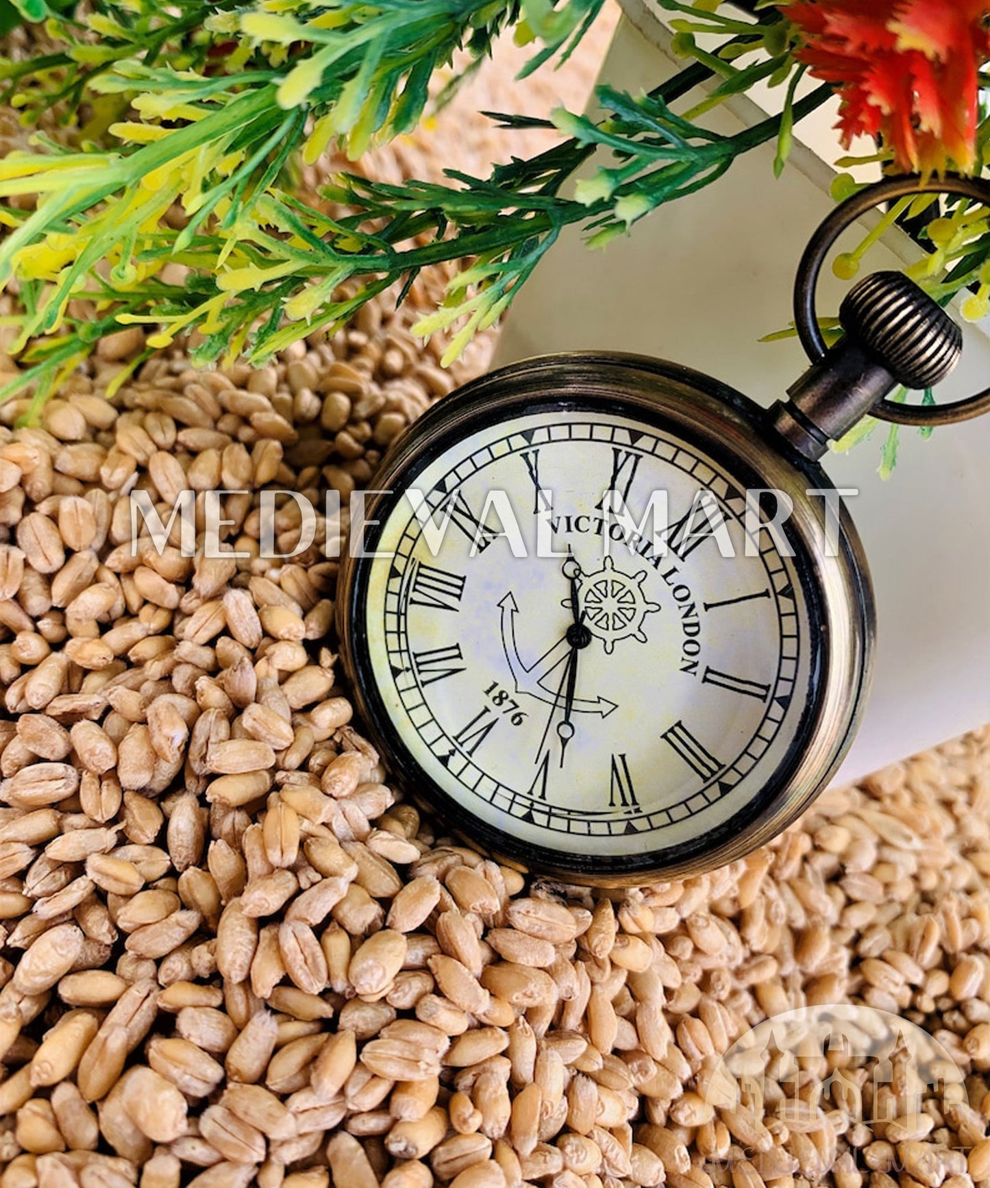 MEDIEVALMART Nautical Pirate Victorian Antique Locket Clock Bronze Finish W/H Gen-1 Wooden Case | Gift For Mom & Dad