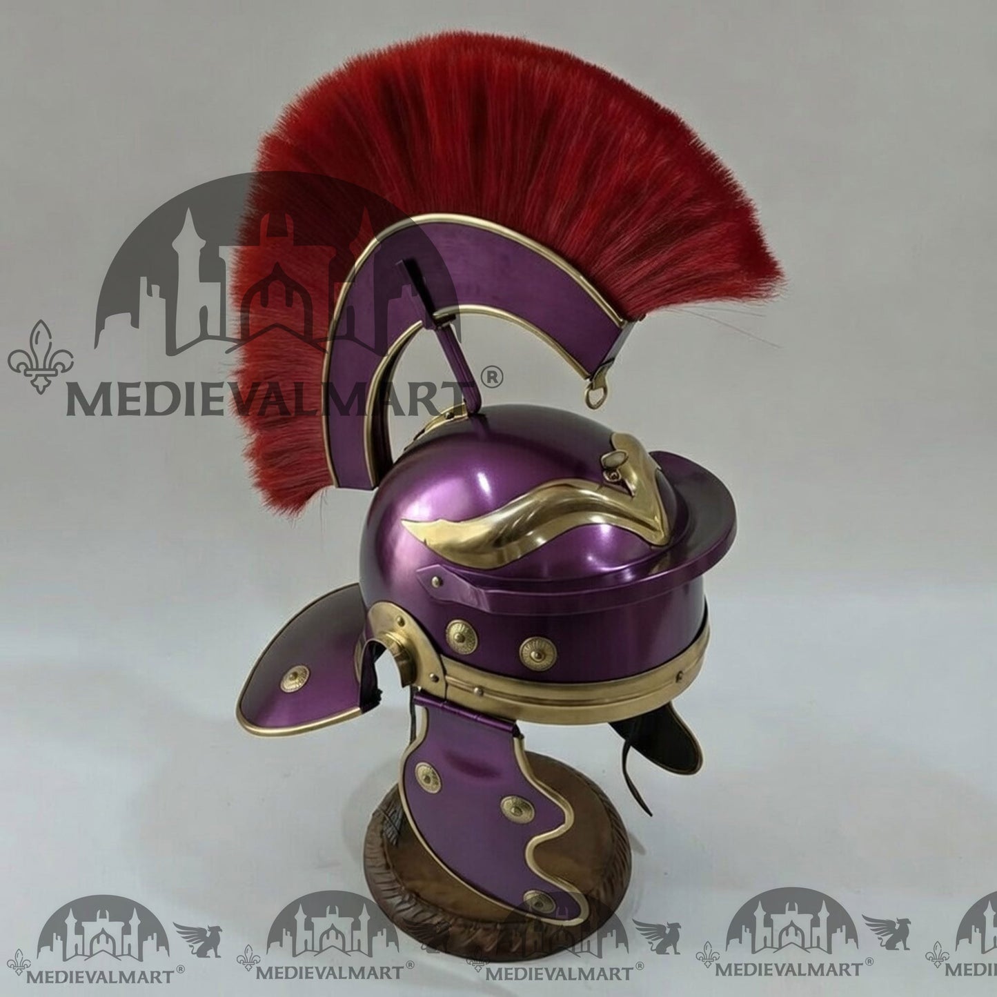 MEDIEVALMART Gallic Roman Centurion Purple Finish Helmet Replica Red Plume with Free Stand