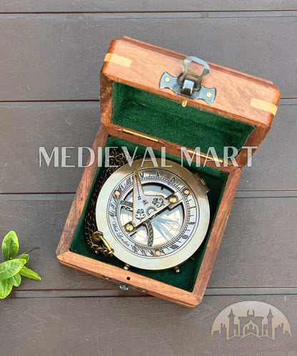 MEDIEVALMART Custom Engrave Nautical Sun Clock Adventure Compass Gold Finish W/H Gen-1 Wooden Case | Gift For Mom