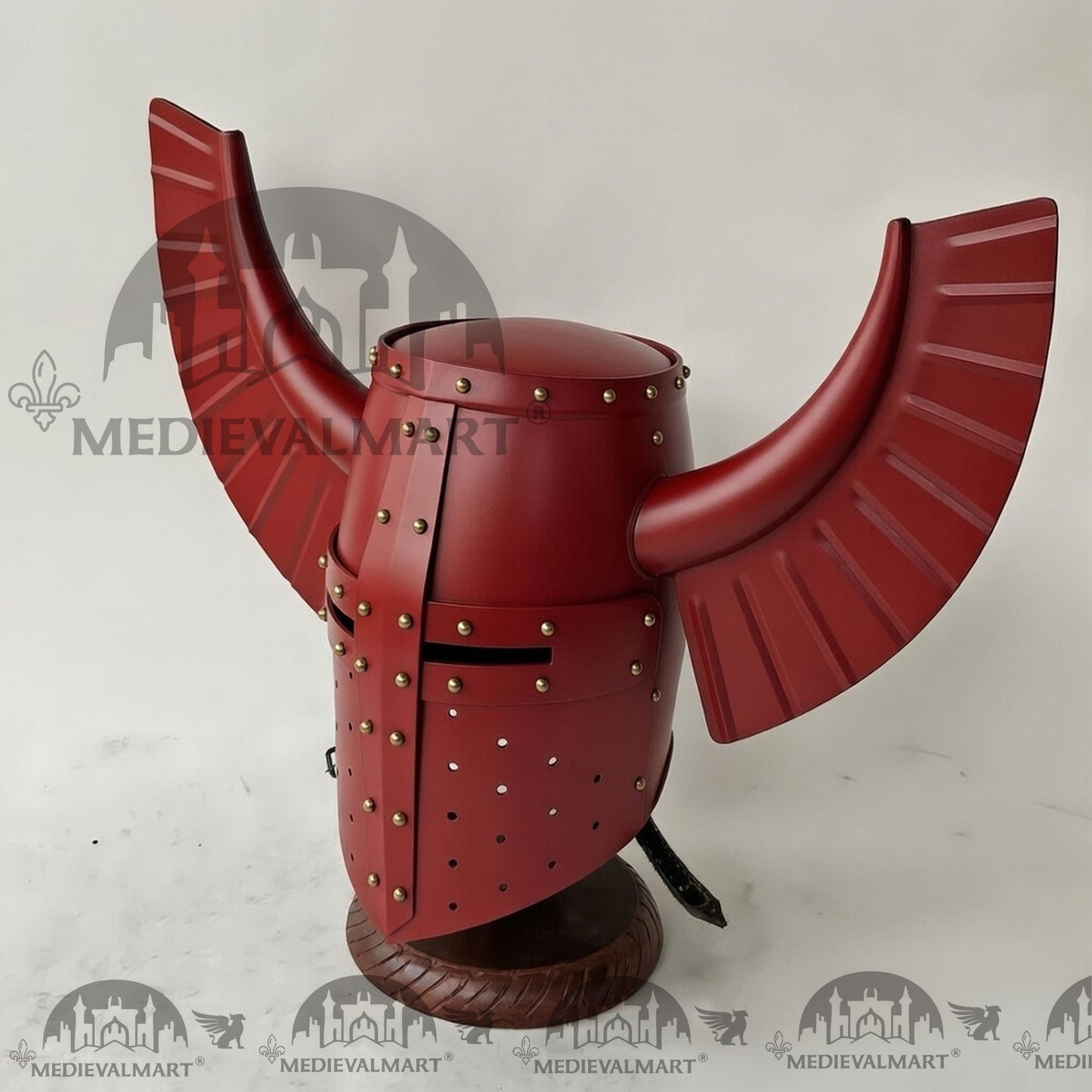 MEDIEVALMART Medieval Templar Warrior Teutonic Antique Red W/H Gold Rivets Wing Helmet with Free Stand