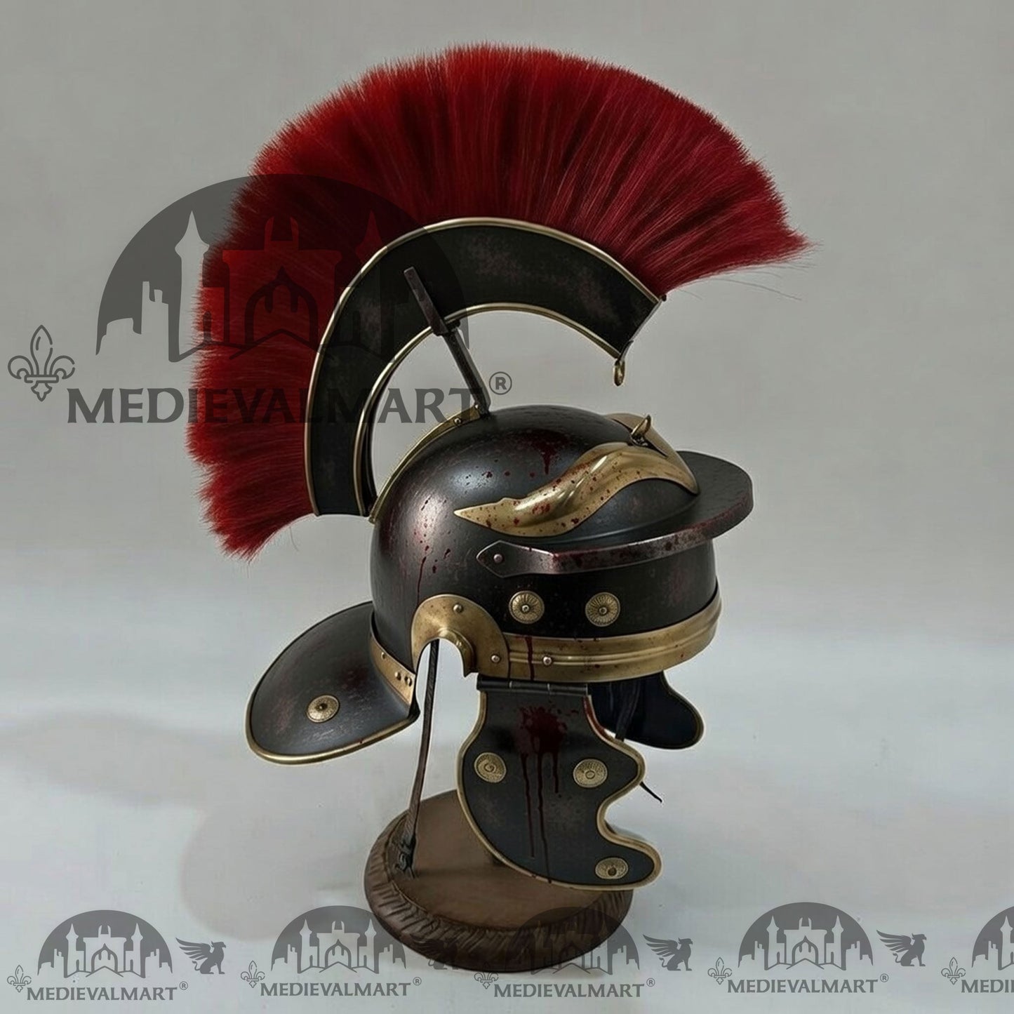 MEDIEVALMART Gallic Roman Centurion Black Damage W/H Blood Finish Helmet Replica Red Plume with Free Stand