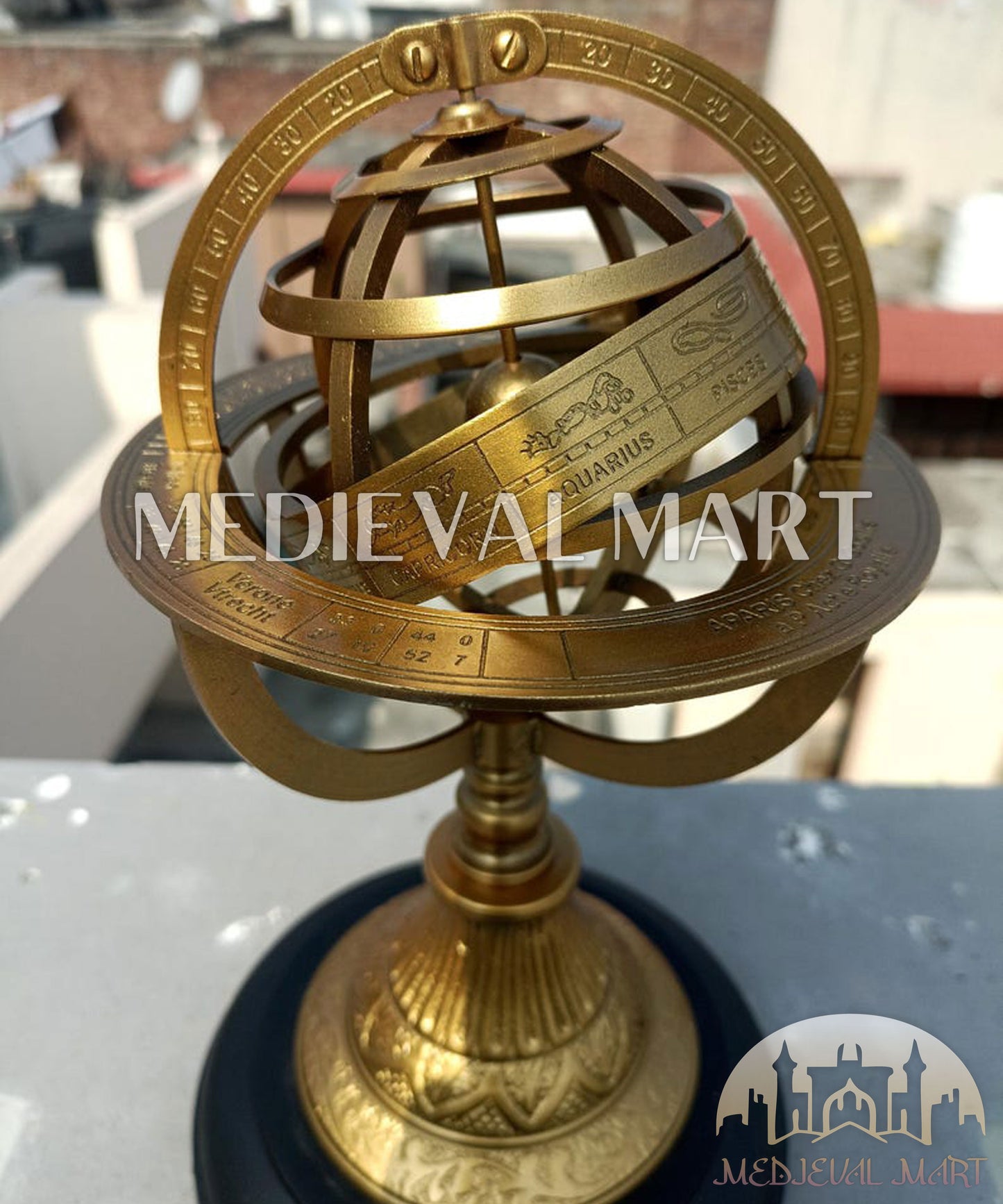 MEDIEVALMART Handmade Engraved Brass Armillary Sphere with Wooden Base – Nautical Globe Decor