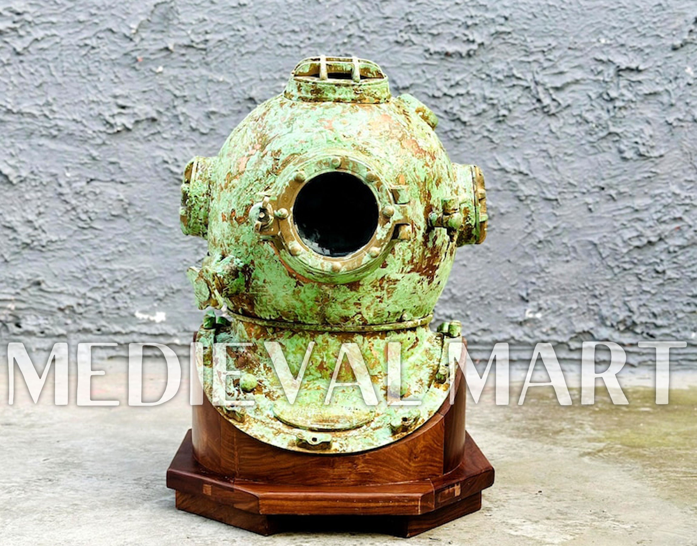 MEDIEVALMART Rusty Lite Green Diving Helmet With Wooden Base