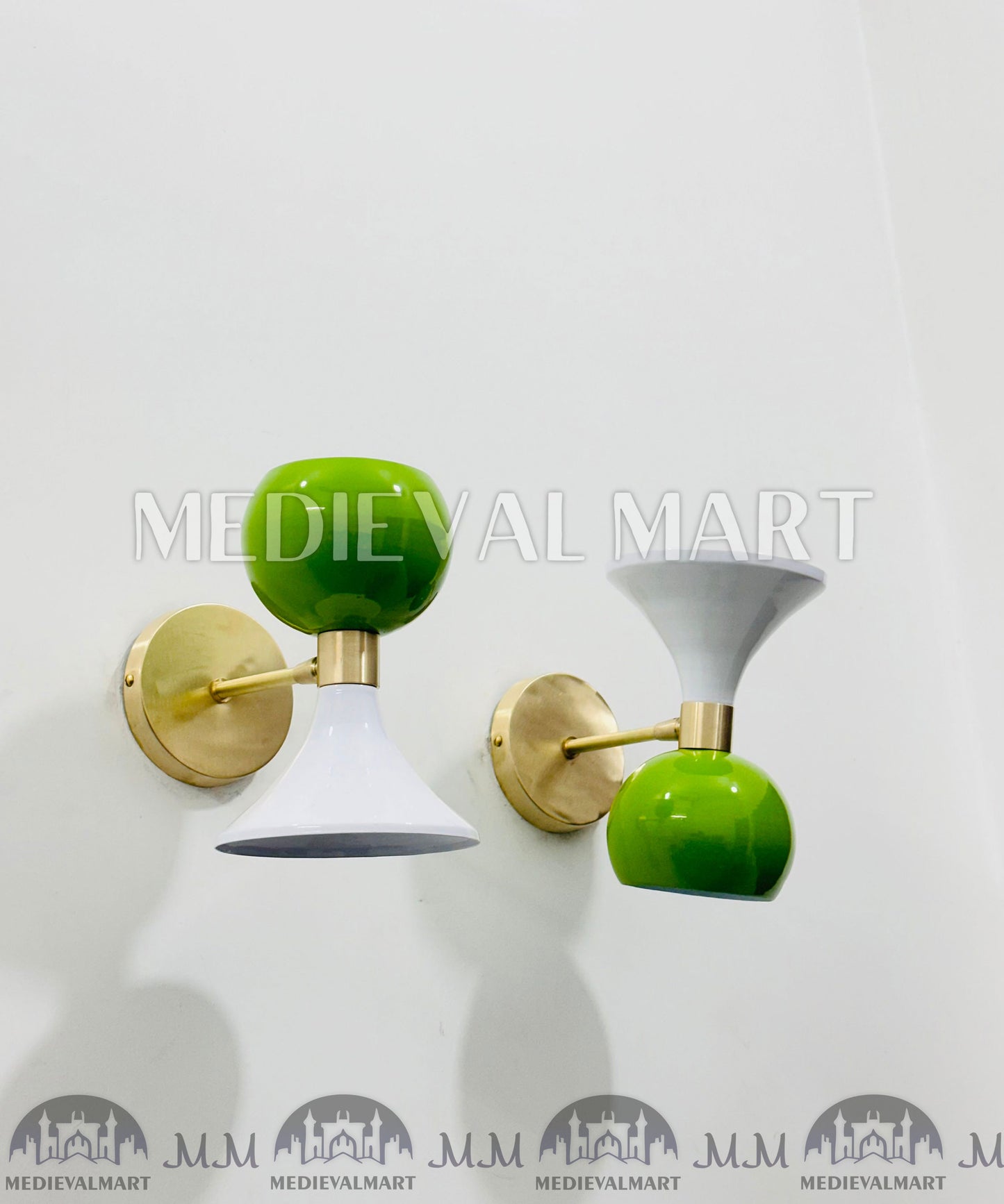 MEDIEVALMART Mid-Century Modern Brass Diabolo Wall Sconce - Green & White - Pair