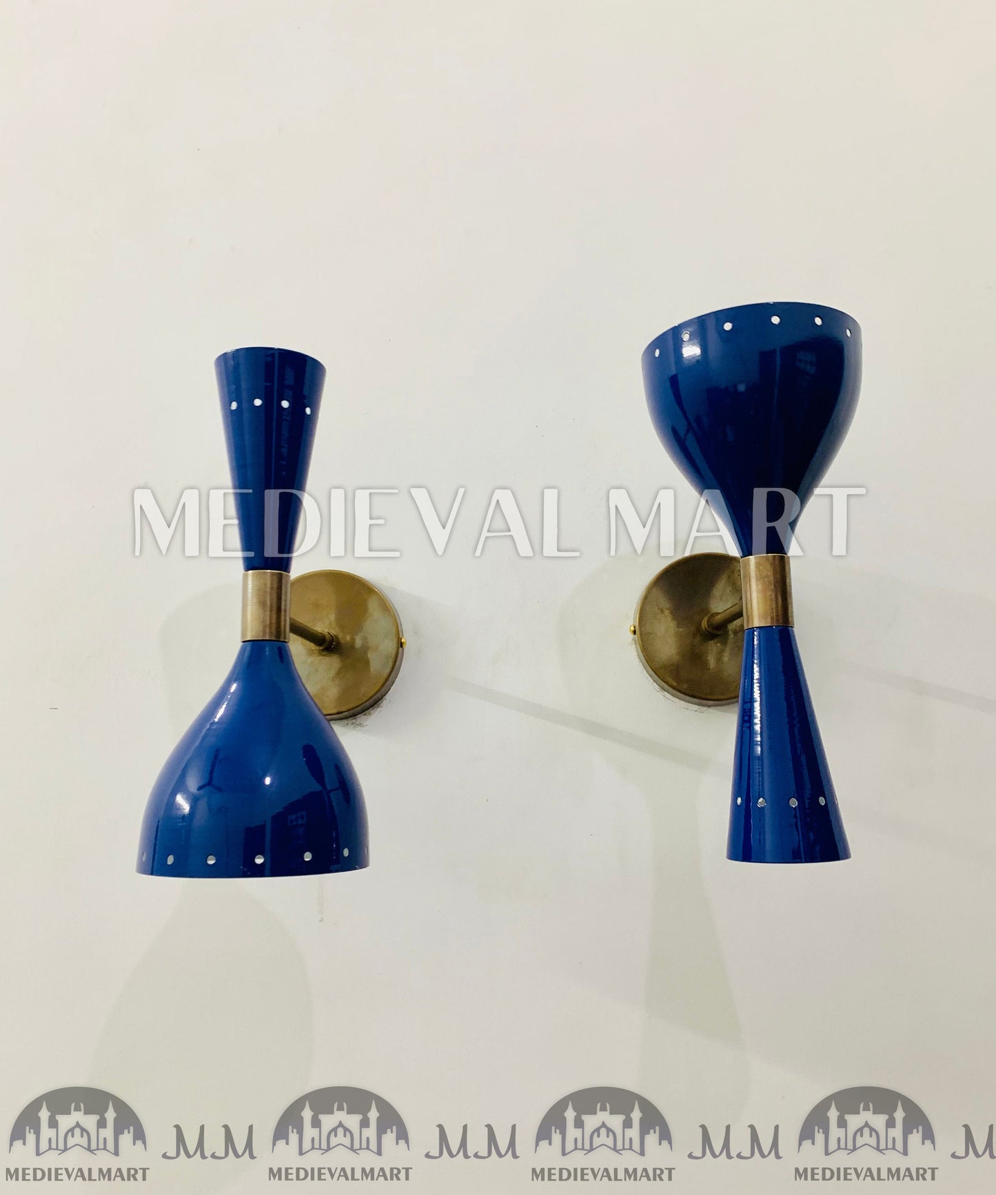 MEDIEVALMART Italian Brass Wall Sconce: Mid Century Modern Shiny Blue Light Fixture