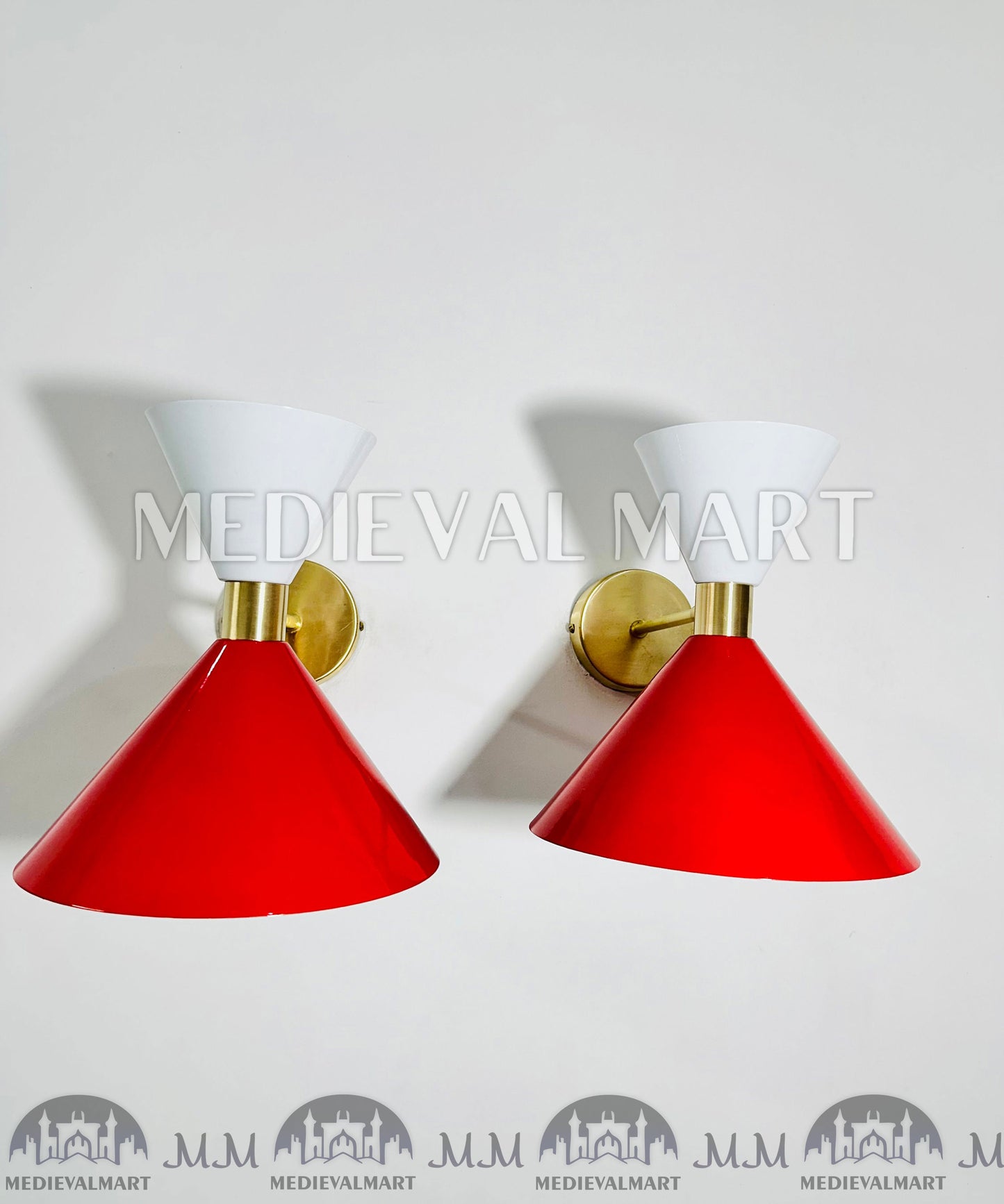 MEDIEVALMART 1950s Mid Century Italian Diabolo Wall Sconce Pair: Red & White Lighting Decor