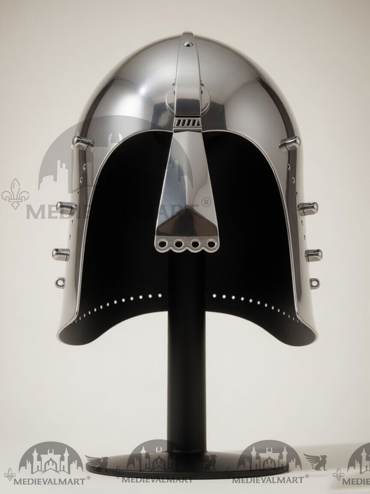 MEDIEVALMART Medieval Great Bascinet Helmet – Polished Steel Knight Helmet for Reenactment & LARP