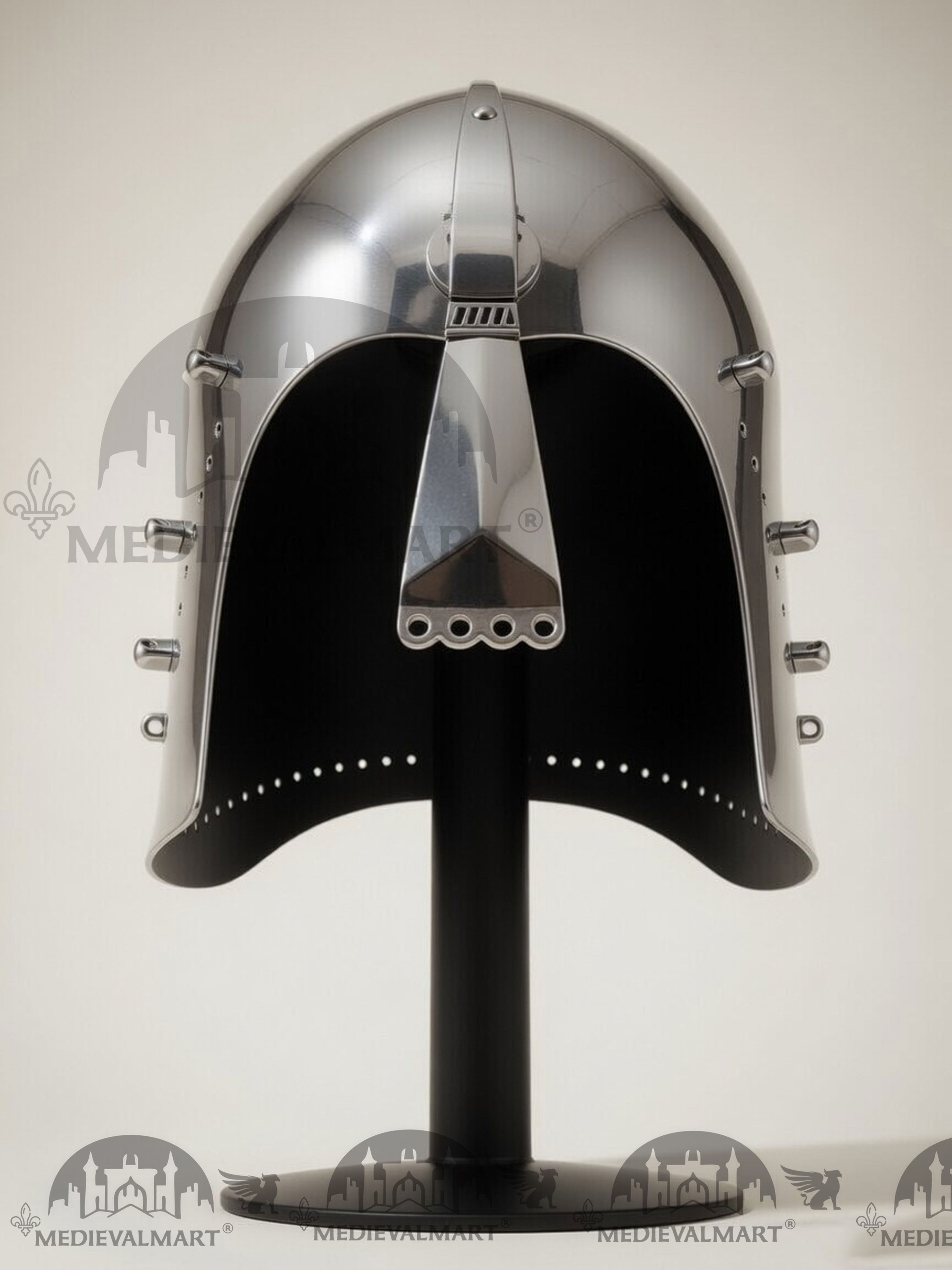 MEDIEVALMART Medieval Great Bascinet Helmet – Polished Steel Knight Helmet for Reenactment & LARP
