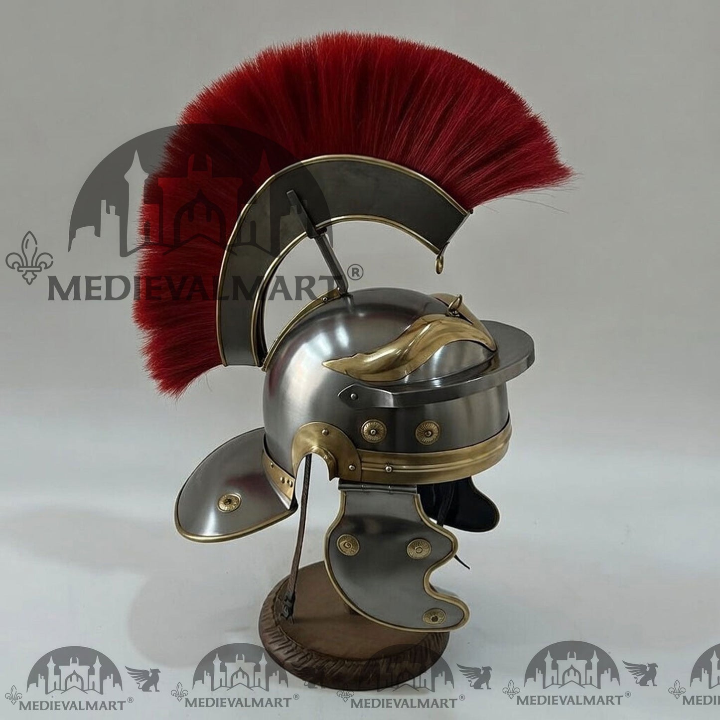 MEDIEVALMART Gallic Roman Centurion Silver Finish Helmet Replica Red Plume with Free Stand