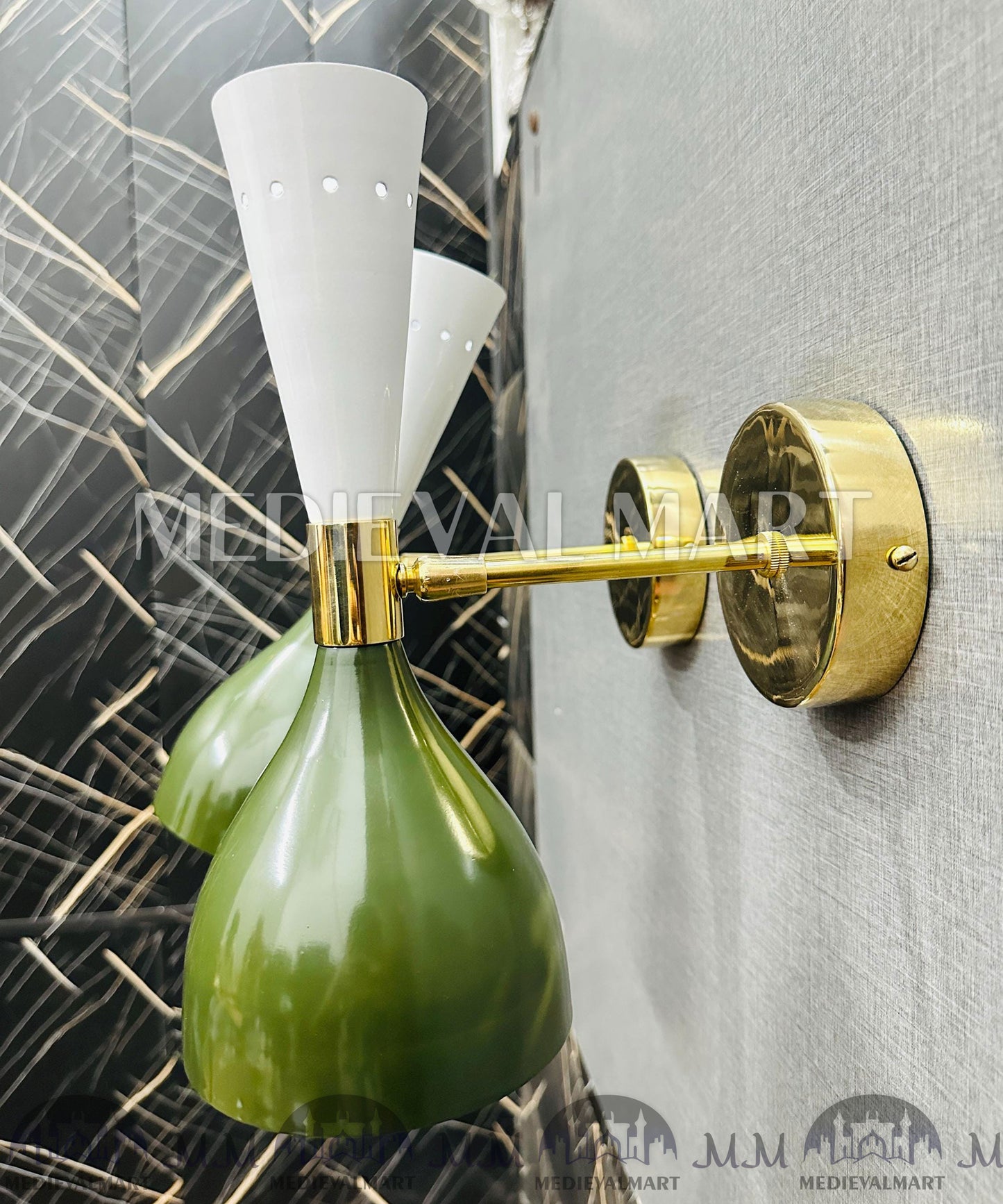 MEDIEVALMART Handmade Brass Double Cone Sconces Olive Green & White Vanity Lights