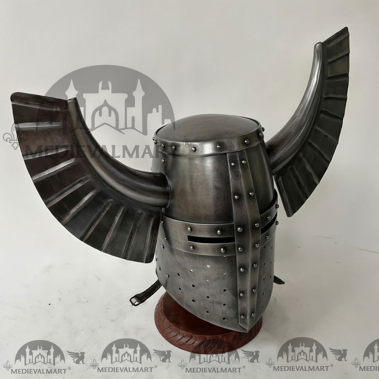 MEDIEVALMART Medieval Templar Warrior Teutonic Antique Silver Finish Wing Helmet with Free Stand
