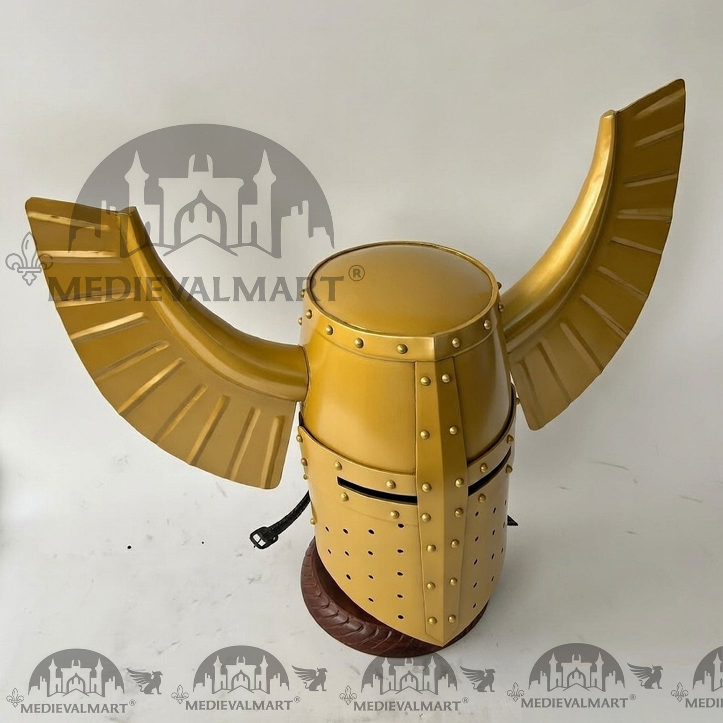 MEDIEVALMART Medieval Templar Warrior Teutonic Yellow Finish Wing Helmet with Free Stand